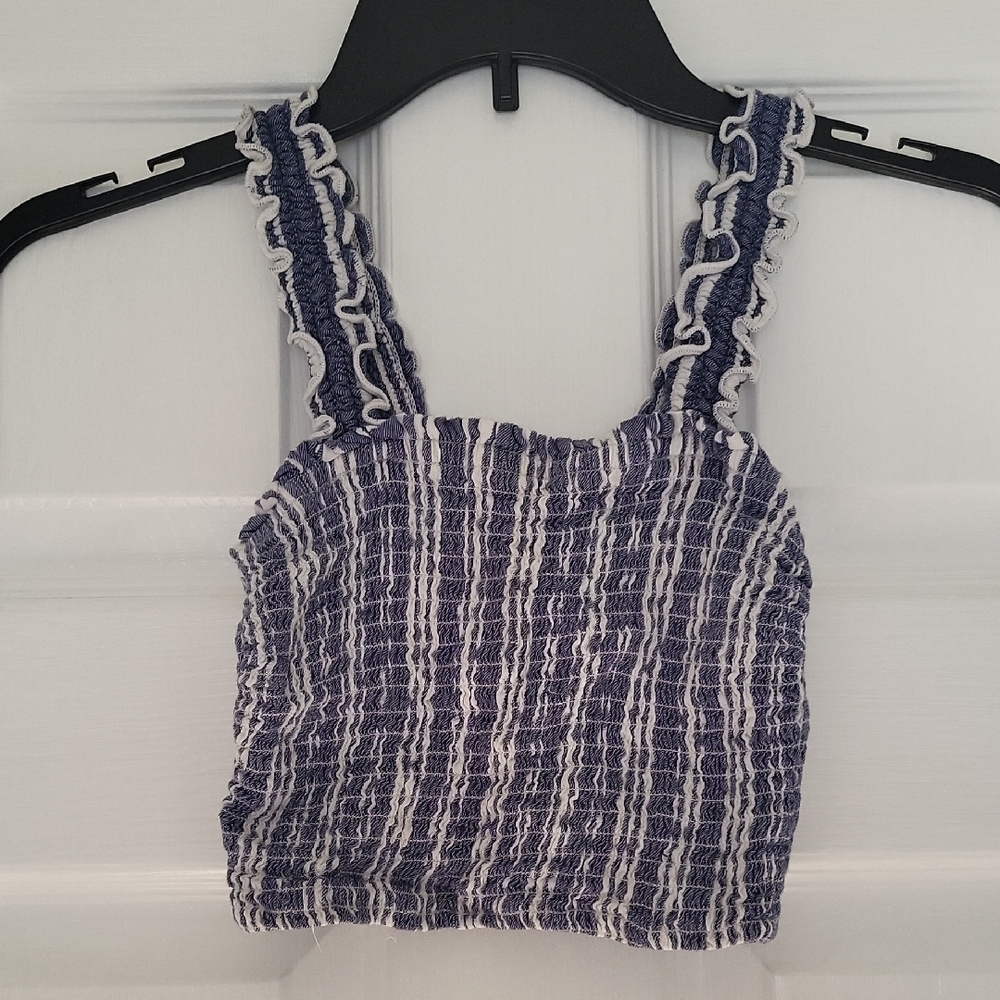 Blue and White Ruffled Women's Crop Tank Top